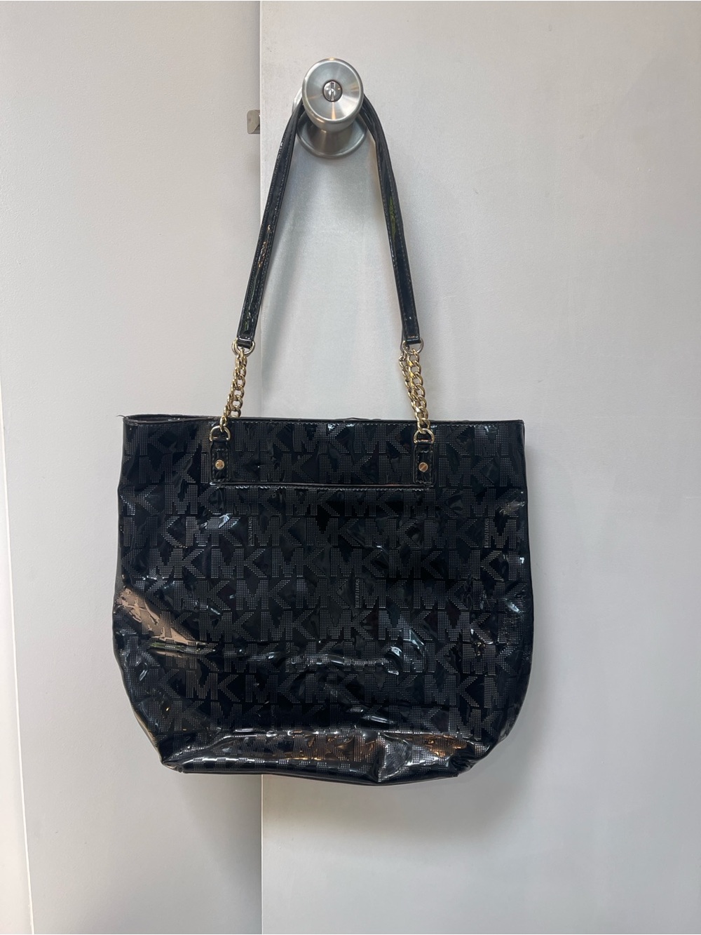 Michael Kors Black Patent Logo Tote with Gold Chain Straps